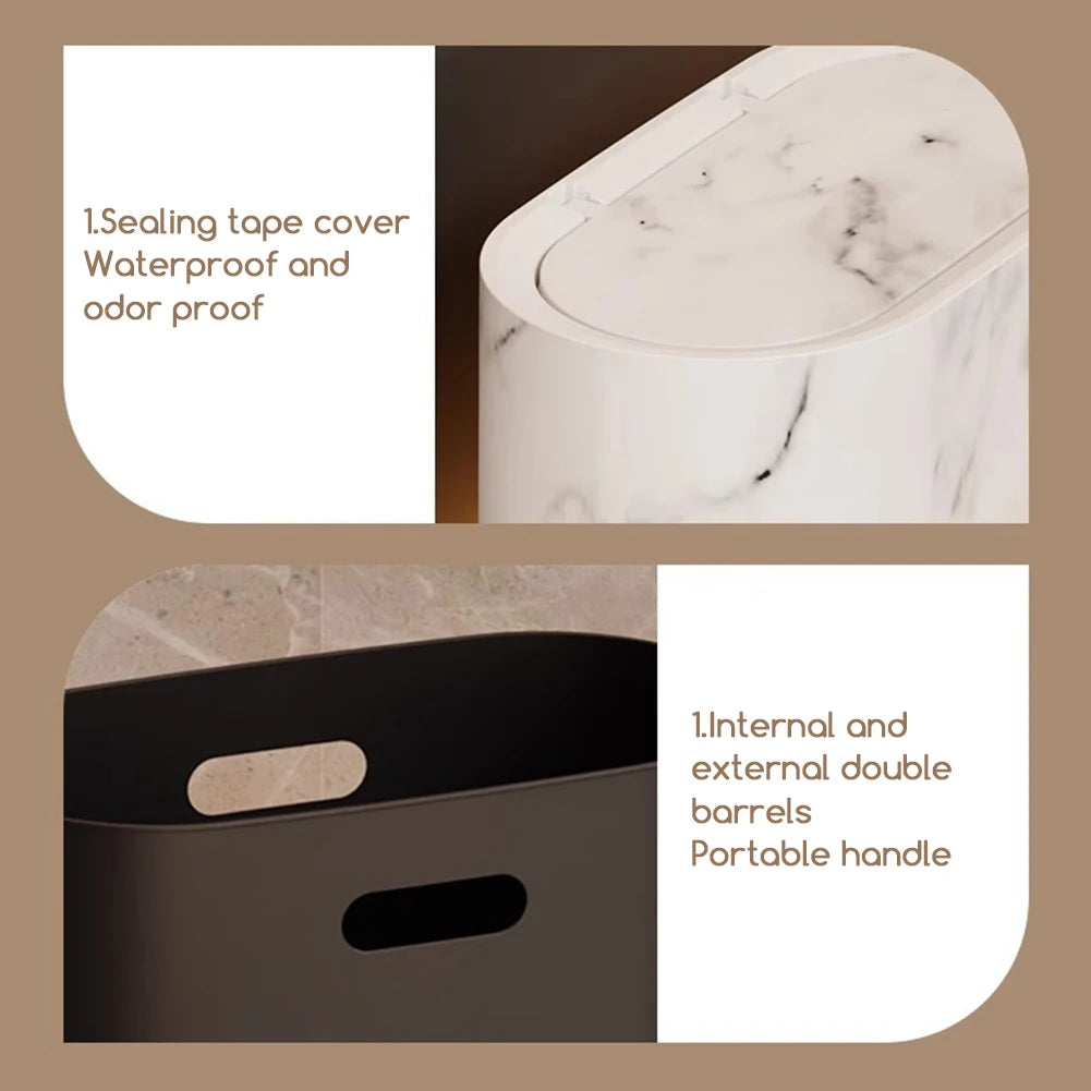Cubo de basura delgado con tapa para baño y cocina, diseño mármol y madera