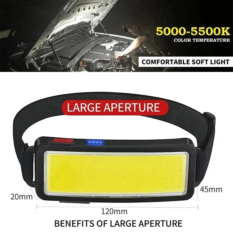 Linterna Frontal LED COB Portátil Recargable USB Resistente al Agua Camping