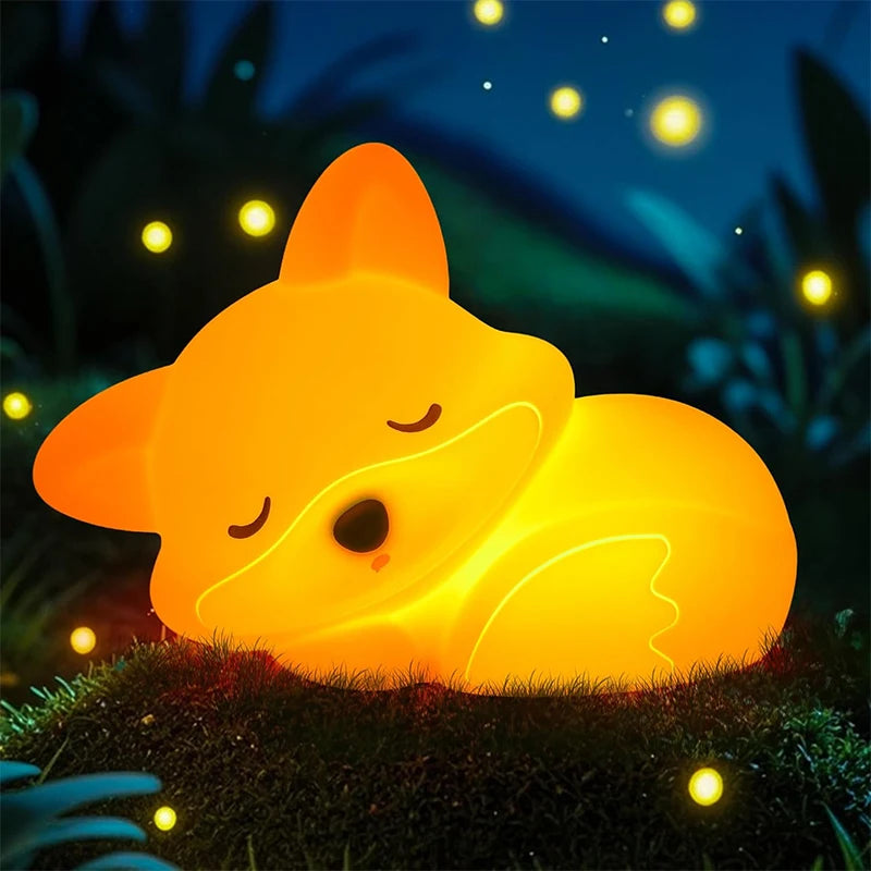 Luz nocturna de zorro, lindos regalos de luz nocturna de silicona para niños, luces de animales con control táctil, temporizador y recargable por USB