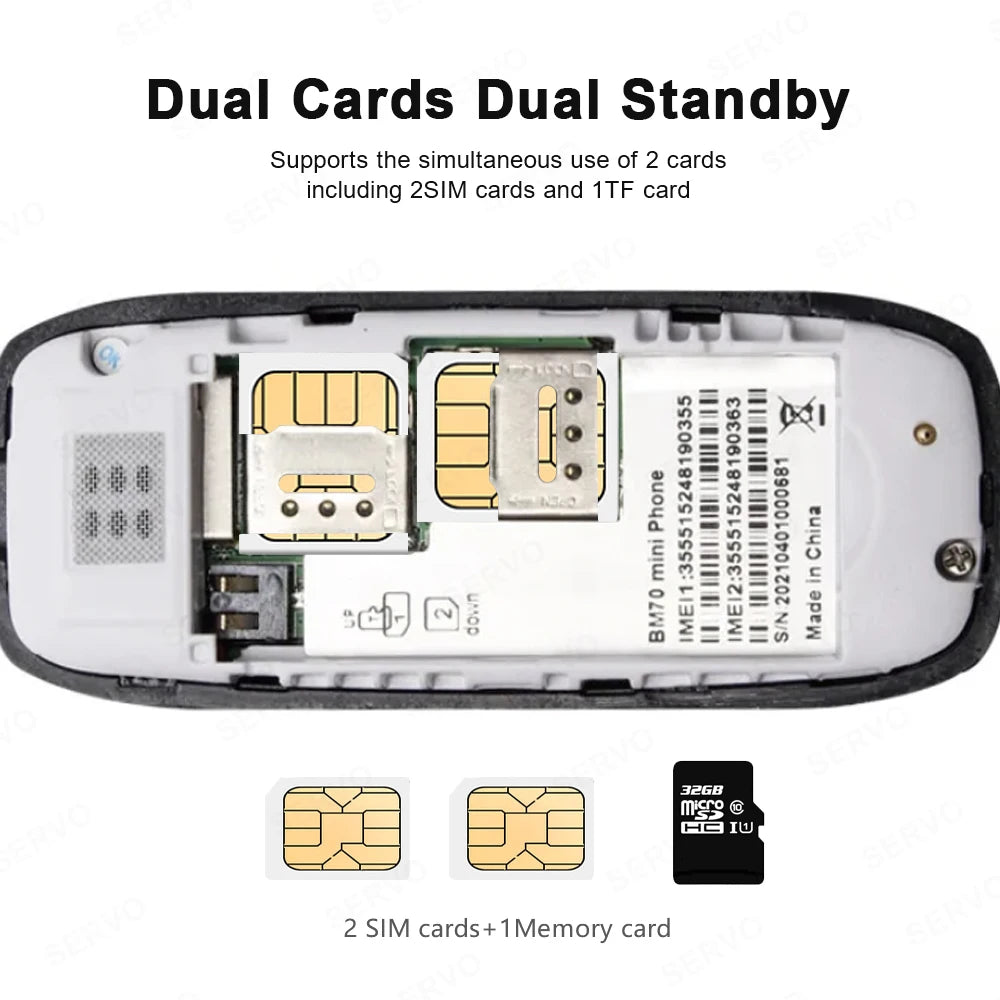 SERVO BM70 Mini teléfono móvil 2SIM en espera Bluetooth marcador grabación de llamadas voz mágica reproductor de MP3 lista negra pequeño teléfono móvil barato