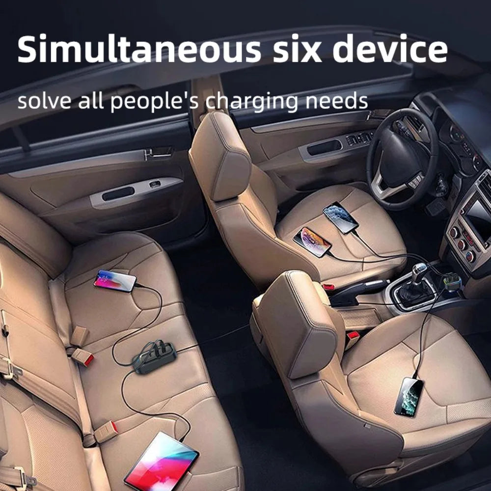 Cargador USB de 6 Puertos para Auto con Extensión para Asientos Traseros