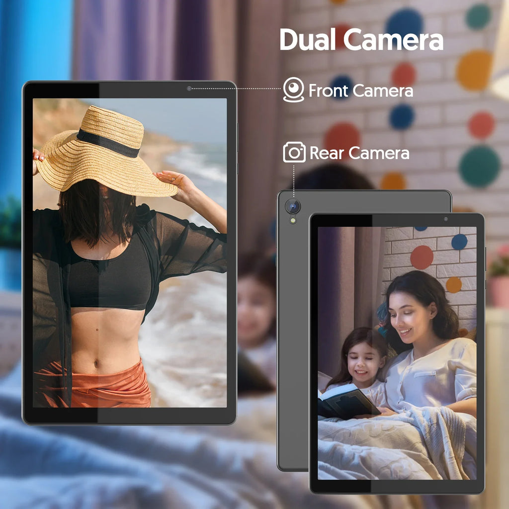 Tableta de 10 pulgadas, Android 14, procesador de cuatro núcleos, 4 GB de RAM (2 GB + 2 GB ampliable), almacenamiento de 32 GB, Wi-Fi, cámaras duales, 6000 mAh