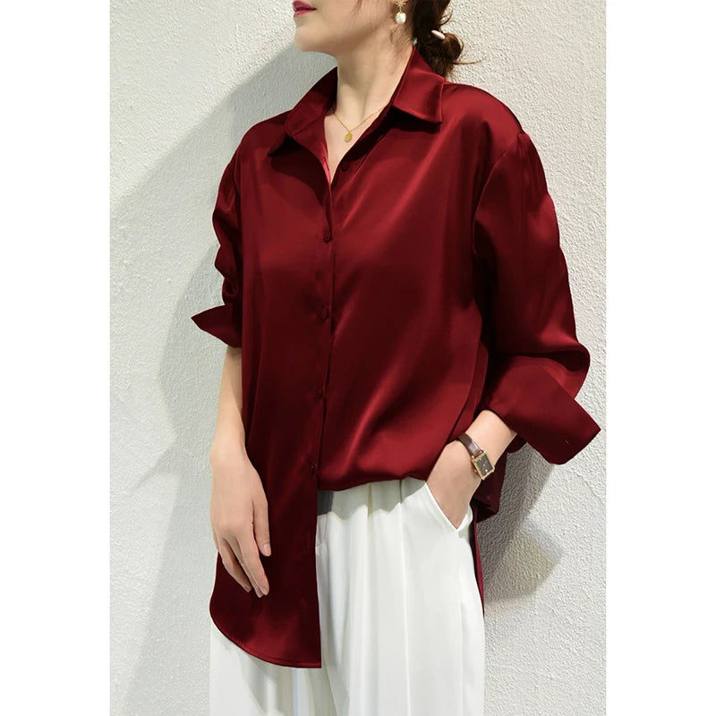Camisa Satinada de Manga Larga para Mujer, Estilo Elegante