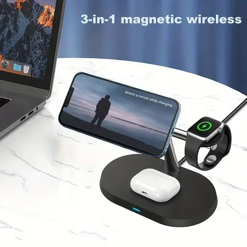 Estación de Carga Inalámbrica Magnética 3 en 1 para iPhone 17 16 15 14 Pro Max, Apple Watch 9 8, Airpods Pro, Base de Carga Macsafe
