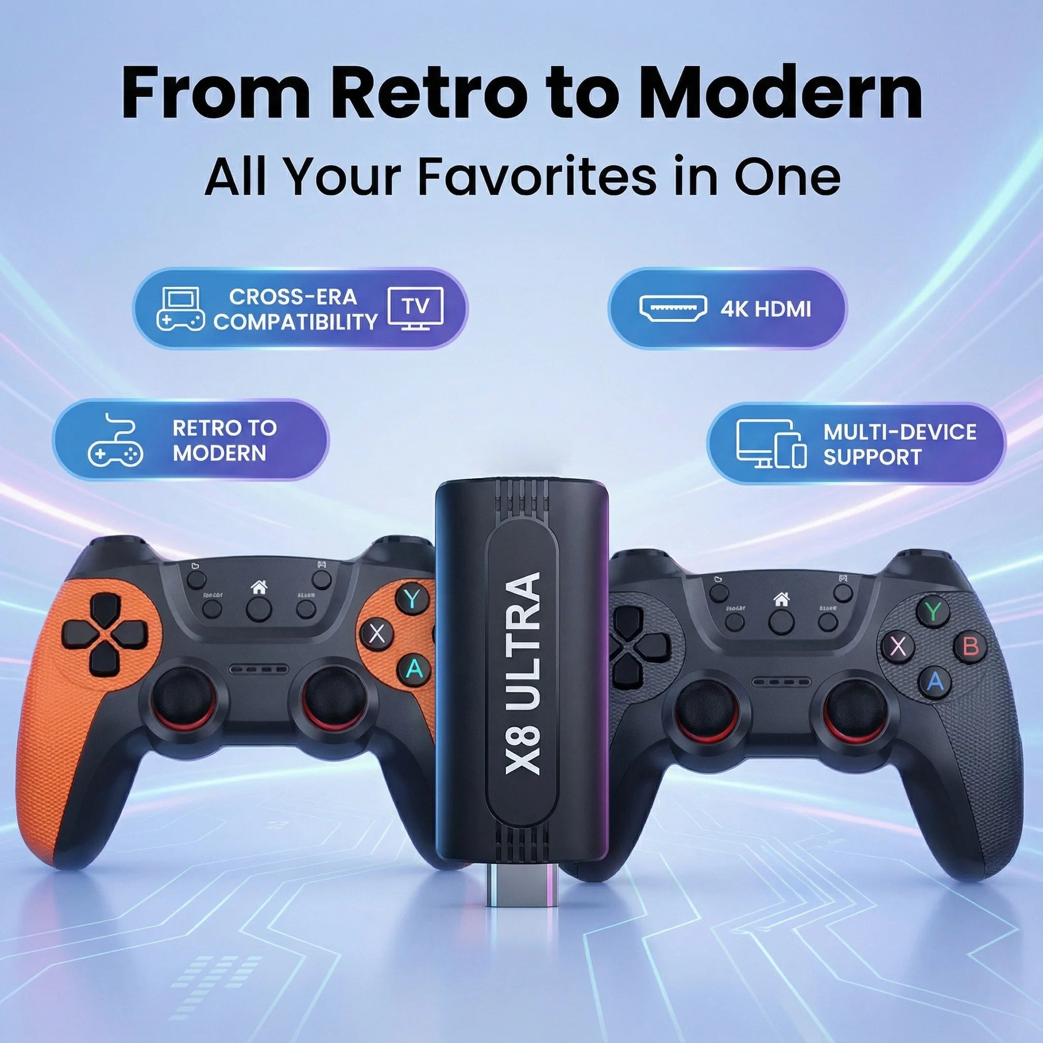 Stick de juego 4K X8 ULTRA compatible con dos jugadores al mismo tiempo, ampliable mediante tarjeta TF hasta 128GB, incluye mandos inalámbricos, 50000 juegos clásicos offline, regalo de entretenimiento para el hogar