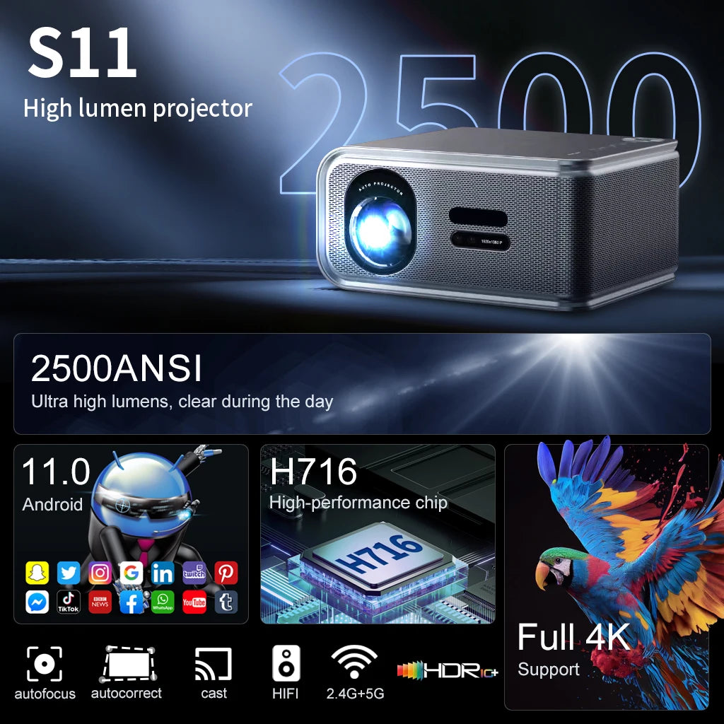 Proyector 4K 2500ANSI Full HD 1920*1080P HDR10+ Google Play WiFi6 Altavoz HiFi BT5.4 con DVB-T2/ATSC/IDSB-T TV Digital Gratuita