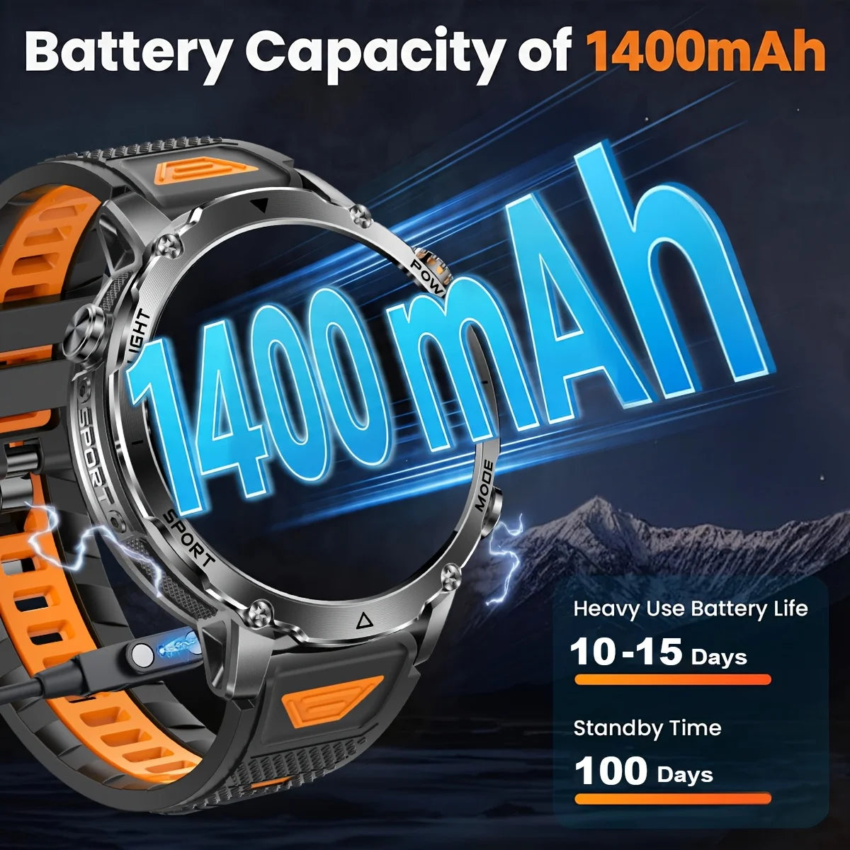 Reloj Inteligente Militar 1400mAh IPX8 Linterna