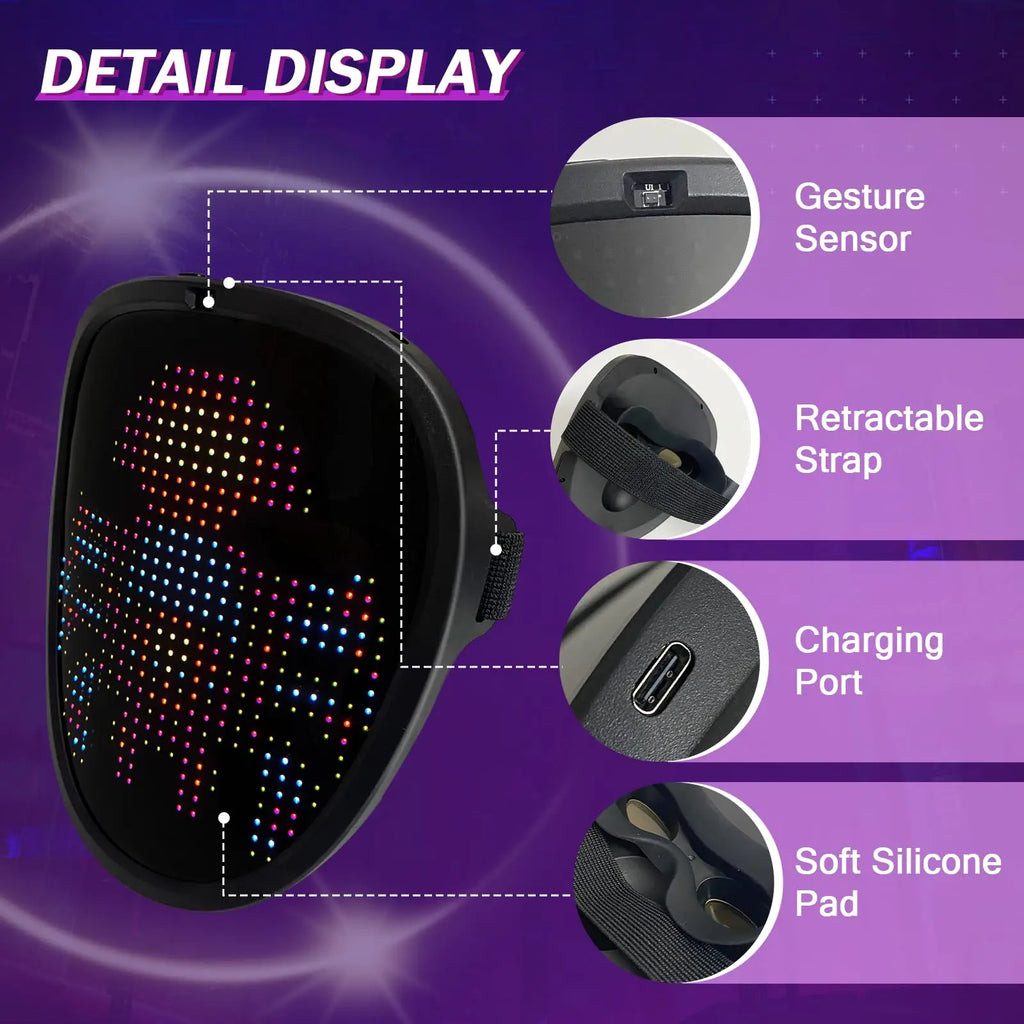 Máscara LED con niños, máscara iluminada con detección de gestos que transforma la cara, máscaras brillantes recargables para fiesta de Navidad de Halloween