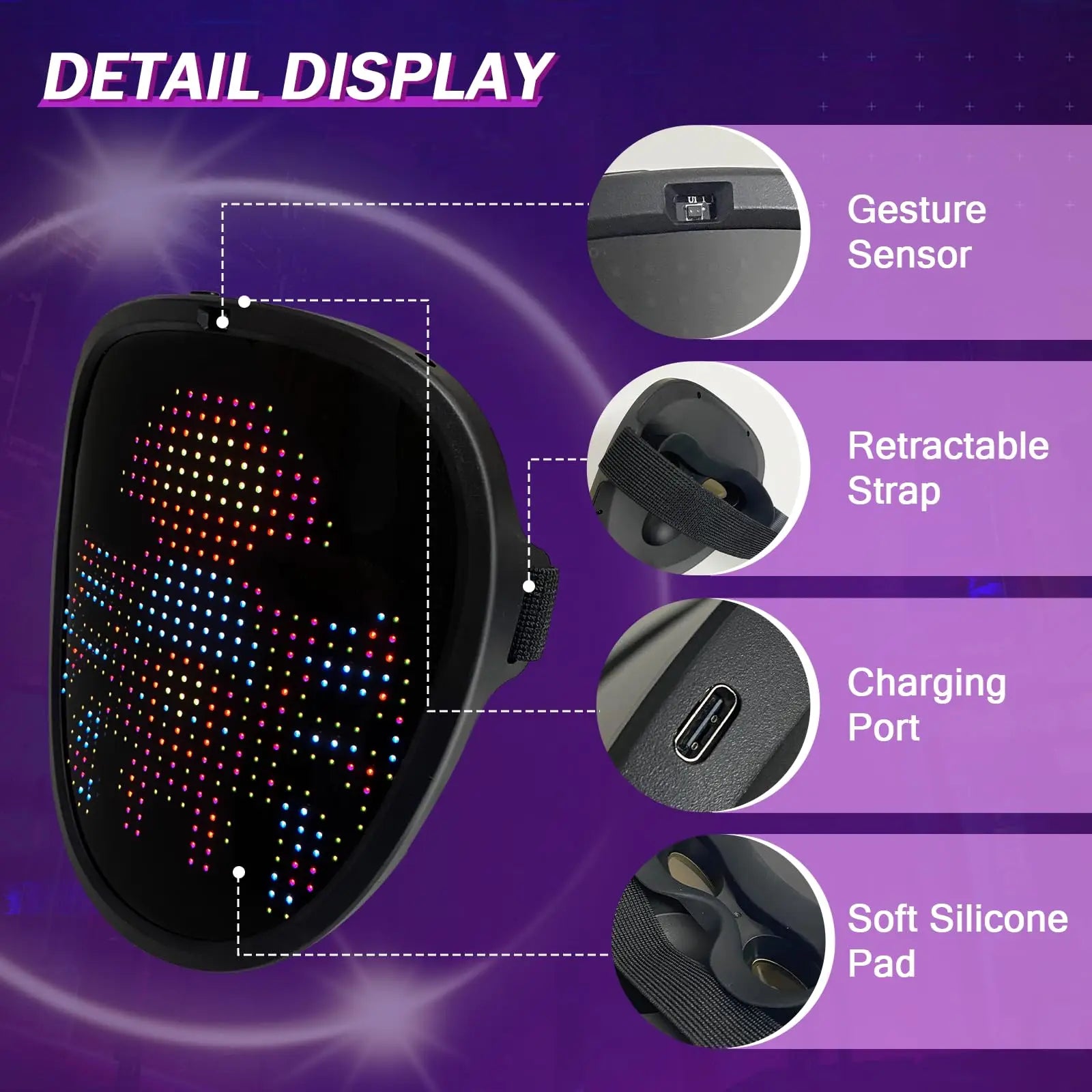 Máscara LED con niños, máscara iluminada con detección de gestos que transforma la cara, máscaras brillantes recargables para fiesta de Navidad de Halloween