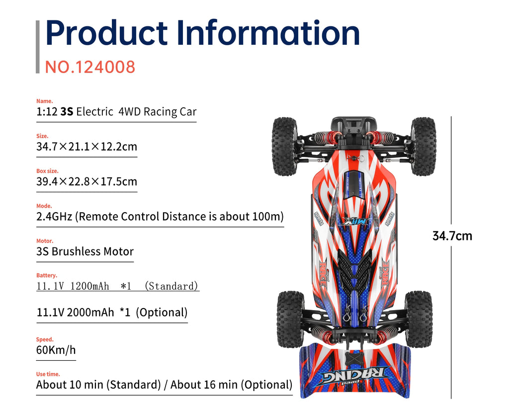 WLtoys 1/12 Autos RC 124008 124010 2.4G de Alta Velocidad   Coche de carreras teledirigido sin escobillas 4WD 60km/h, juguete para niños y adultos, regalo