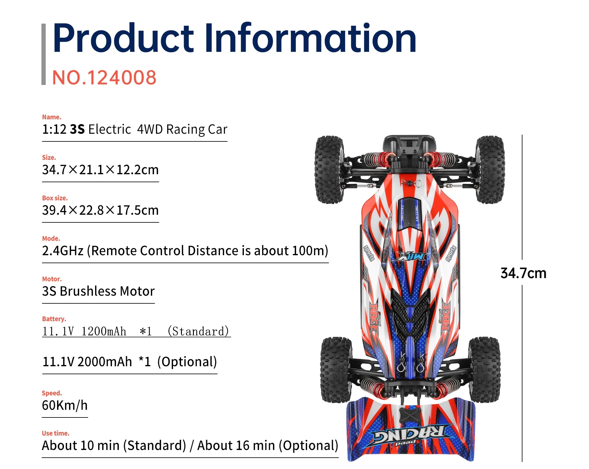 WLtoys 1/12 Autos RC 124008 124010 2.4G de Alta Velocidad   Coche de carreras teledirigido sin escobillas 4WD 60km/h, juguete para niños y adultos, regalo