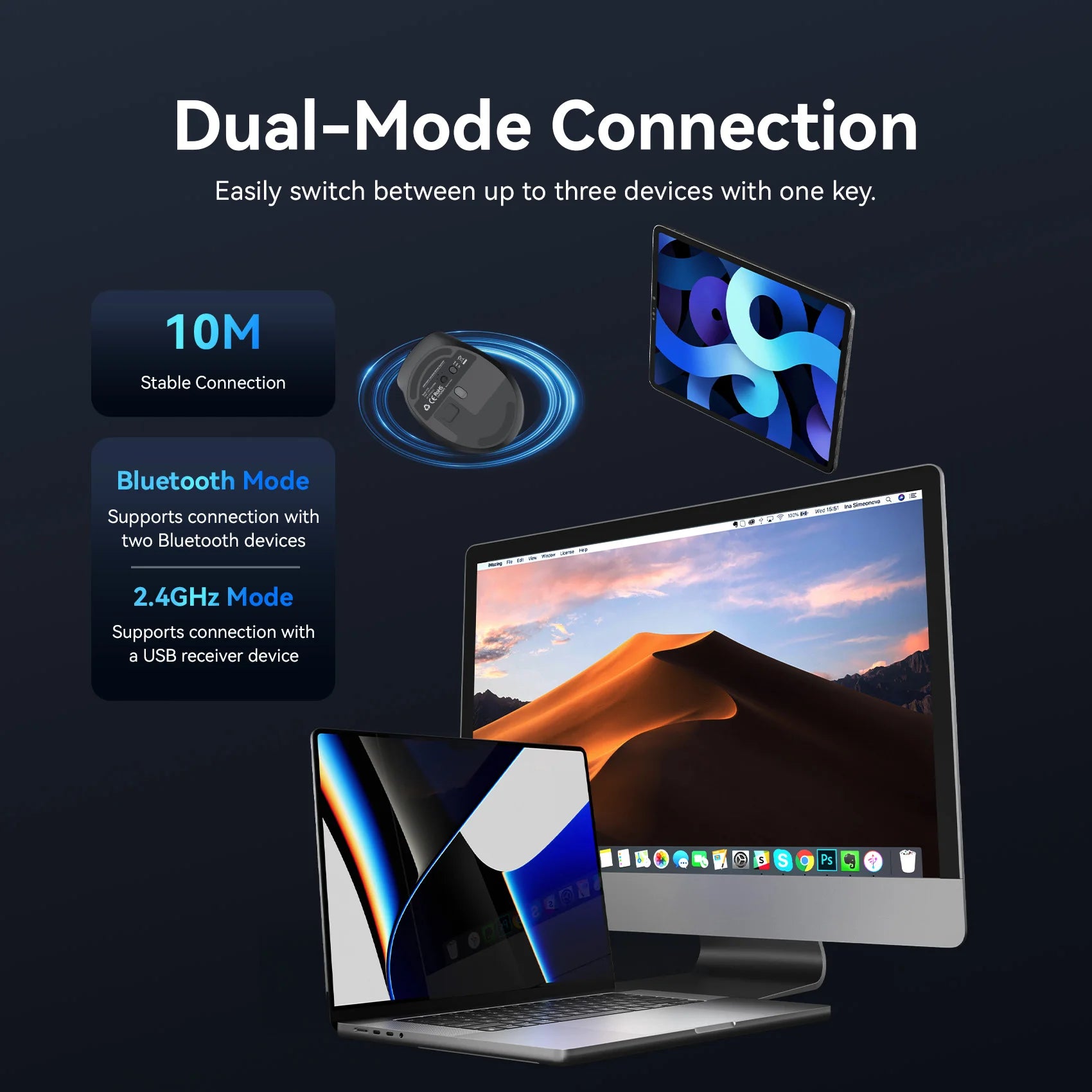Vention-ratón inalámbrico Bluetooth 5,1, USB 2,4G, modo Dual, ergonómico, 4000 DPI, silencioso, 6 botones, para MacBook, tableta, portátil, PC