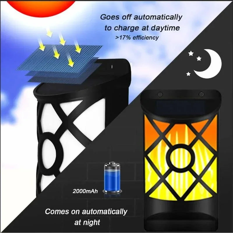 Luces solares de llama para exteriores, diseño de celosía para jardín, camino, patio, decoración navideña, luces de pared parpadeantes impermeables, 96LED