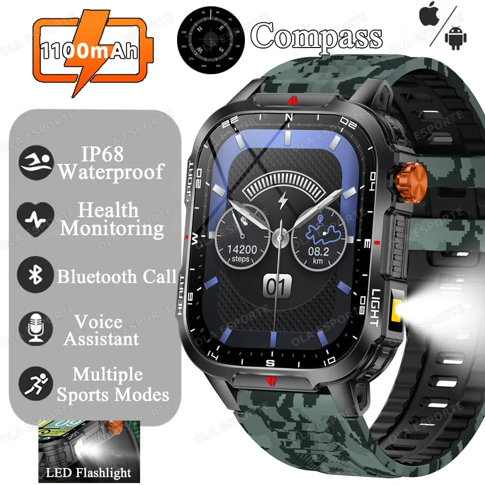 Reloj inteligente de gran tamaño para hombre, iluminación militar para exteriores, batería de 1100Mah, rastreador de Fitness GPS, reloj inteligente de ritmo cardíaco resistente al agua y 10ATM