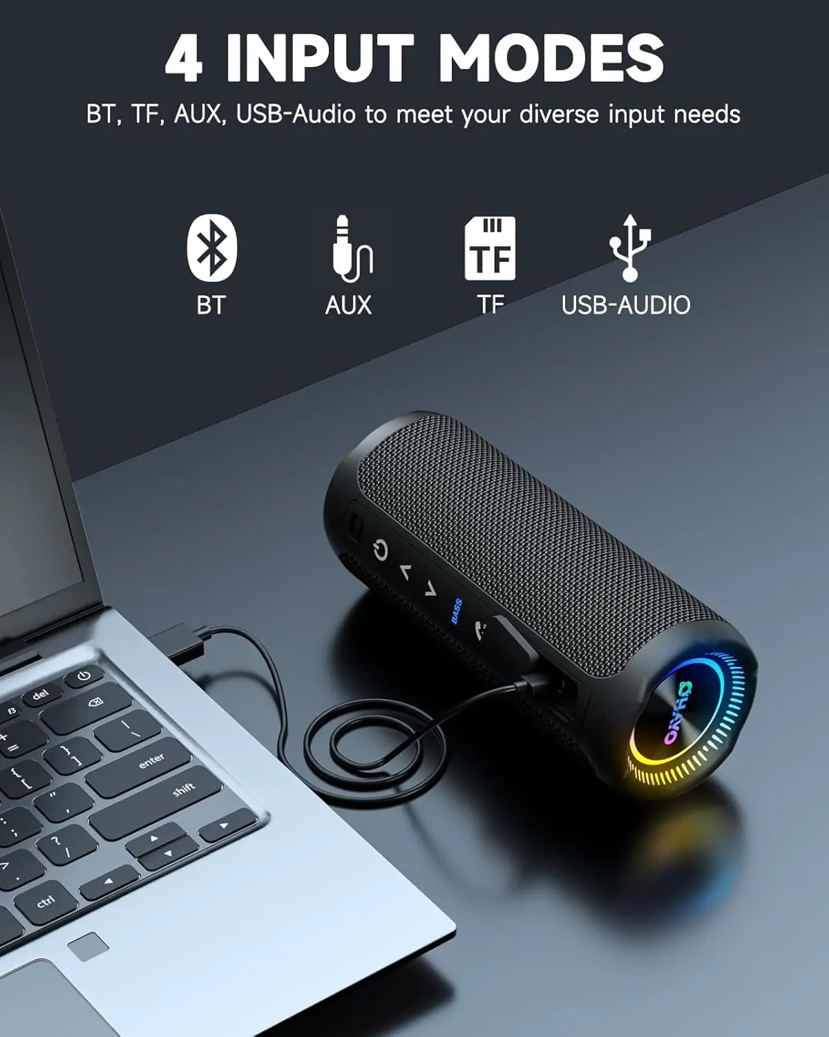 Ohayo Altavoces Bluetooth portátiles para acampar con sonido fuerte de 35 W, resistente al agua IPX7, luces LED