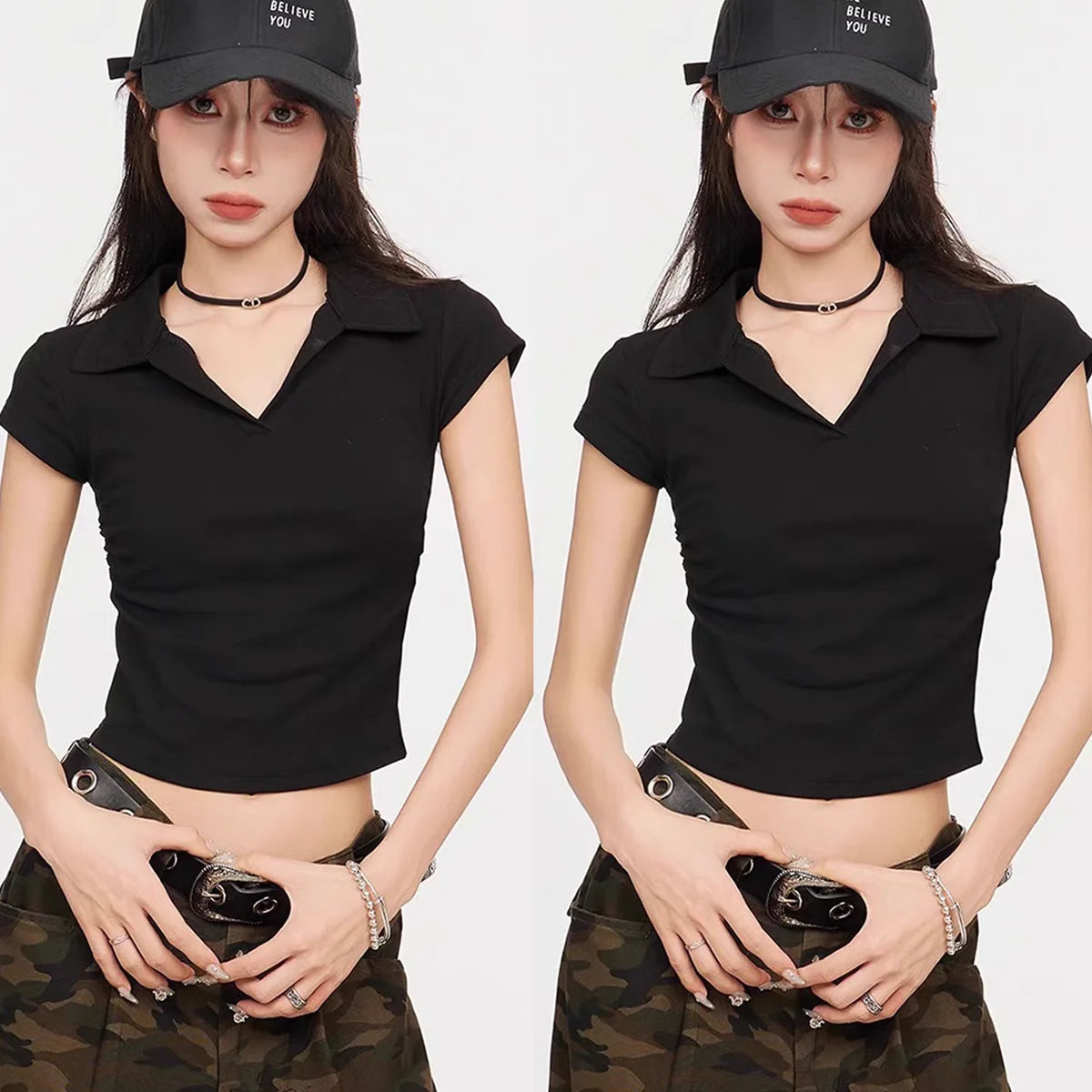 Camiseta Básica Corta Ajustada de Algodón para Mujer