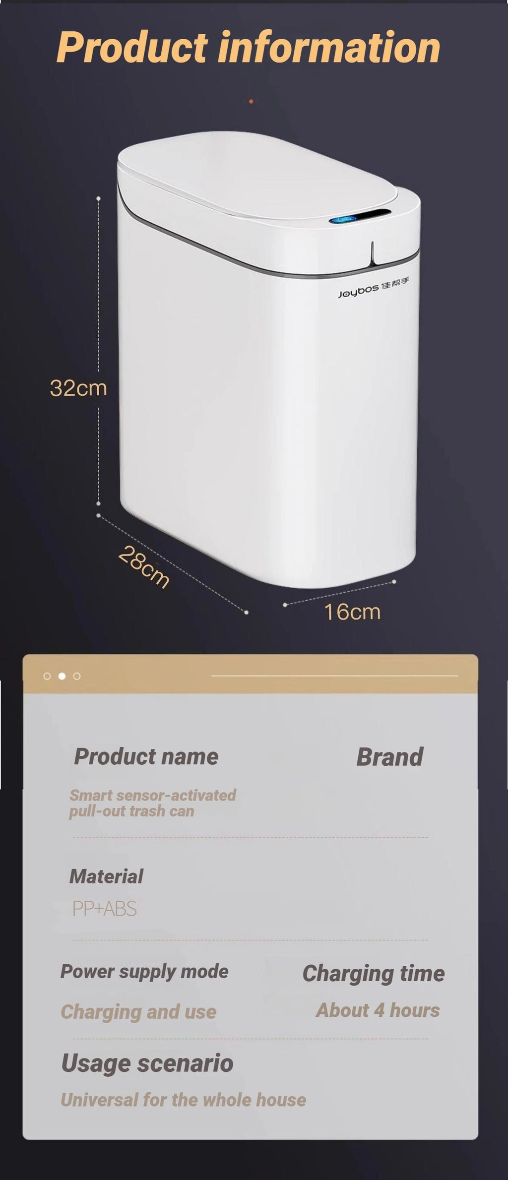 Cubo de basura inteligente Joybos con sensor, impermeable y diseño estrecho