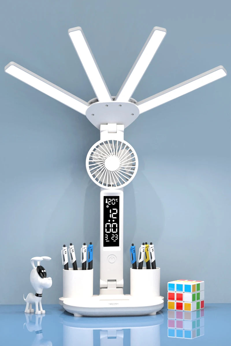 Lámpara de escritorio multifuncional 3 en 1, lámpara LED de escritorio plegable de cuatro cabezales con ventilador, calendario, reloj, lámpara de escritorio de oficina de lectura recargable por USB