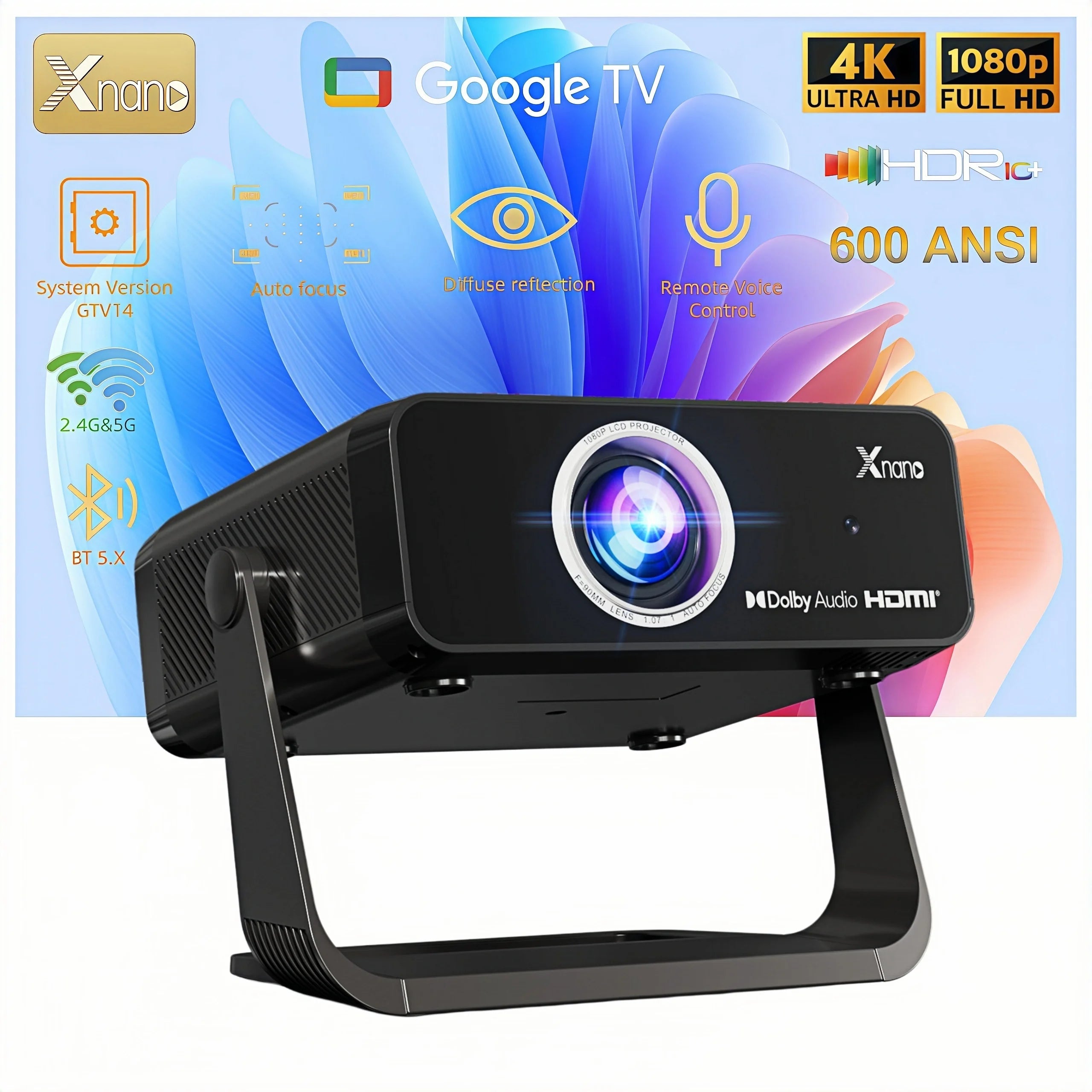 Proyector XNANO GT350 con Google TV, 600 ANSI, Resolución Nativa 1080P, WiFi, Bluetooth, Enfoque Automático, Keystone, Chromecast, HDR10+, Cine en Casa