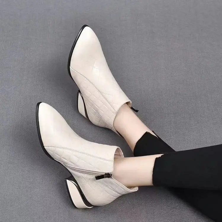 Botines de tobillo de cuero con tacón bajo y cremallera para mujer