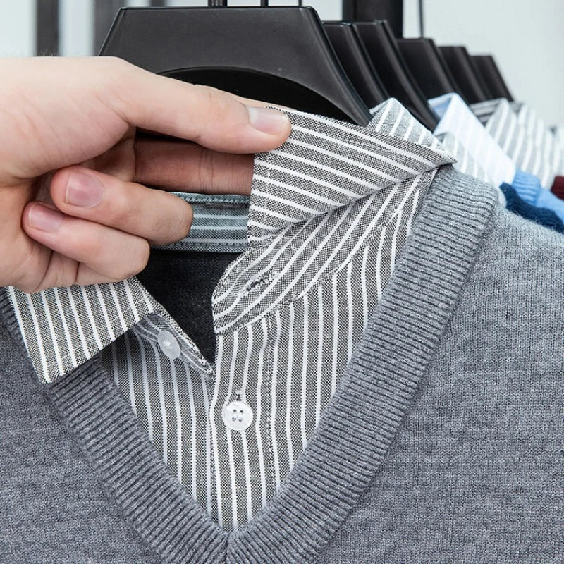 Suéter de punto con cuello de camisa para hombre, azul claro (6 colores), diseño falso de dos capas, estilo informal de negocios    Ajuste elástico y cómodo