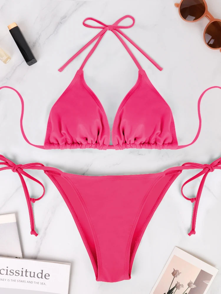 Conjunto de Bikini de 2 Piezas para Mujer, Traje de Baño Sexy de Color Rojo Rosa, con Tirantes Cruzados en la Espalda