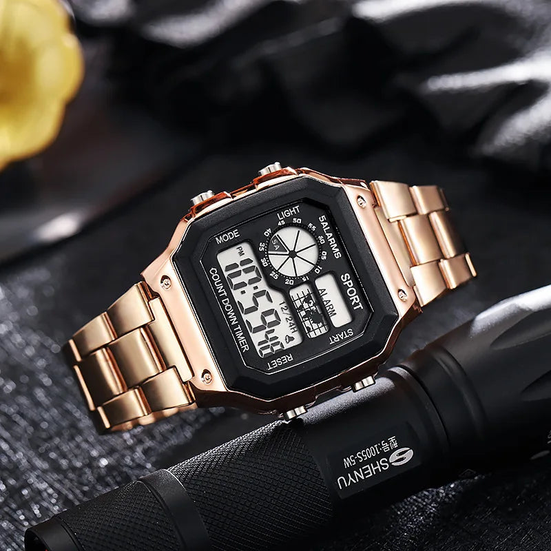 Reloj Digital YIKAZE para hombre, correa de acero inoxidable, relojes deportivos con cuenta atrás, reloj de pulsera electrónico Led resistente al agua para regalo de hombre