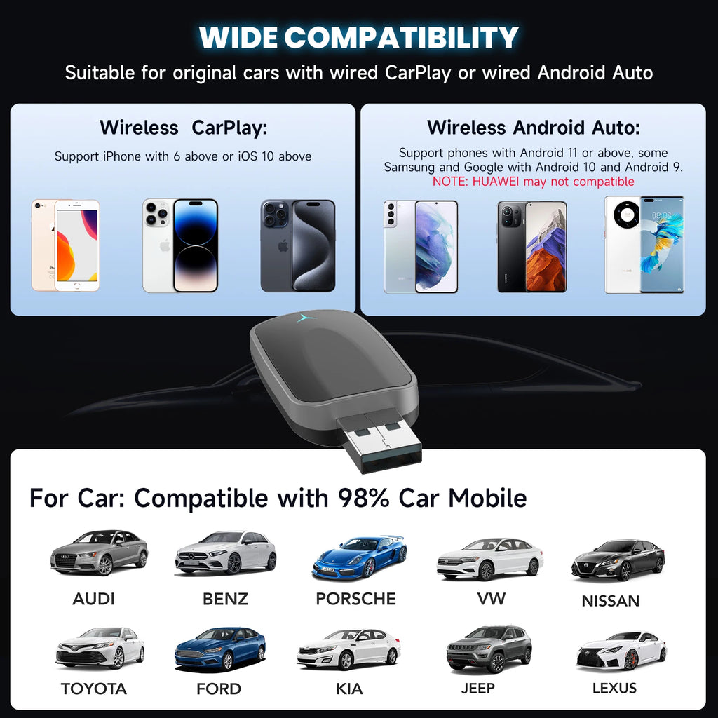 Adaptador CarPlay 2 en 1 con cable a inalámbrico y adaptador inalámbrico Android Auto Plug & Play