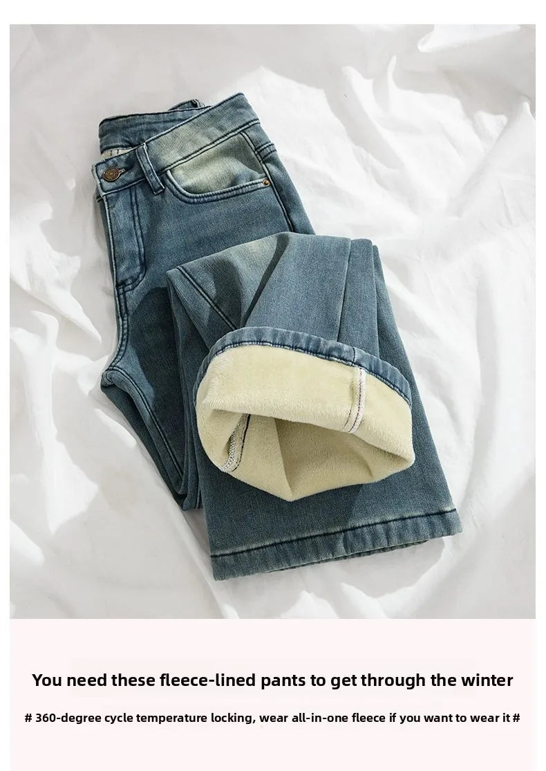 Pantalones Vaqueros Vintage con Forro Polar de Pierna Recta