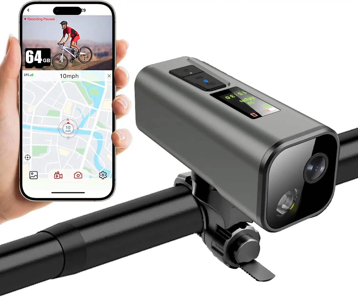 Cámara GPS 4K para bicicleta con faro, ordenador de ciclismo y velocímetro, acción deportiva DV, 64GB, Control por aplicación, resistente al agua IP65