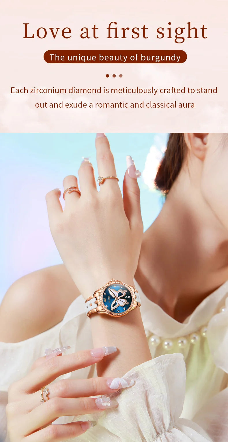 Reloj de Cuarzo OLEVS para Mujer, Correa de Cerámica, Diseño Mariposa