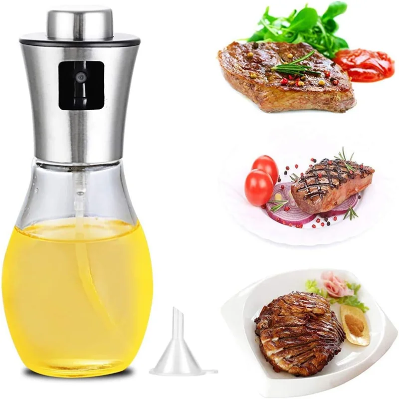 Pulverizador de aceite de oliva para cocinar, pulverizador de aceite de oliva de vidrio de 200 ml, rociador de aceite vegetal con embudo, rociador de aceite, hornear, freír, barbacoa