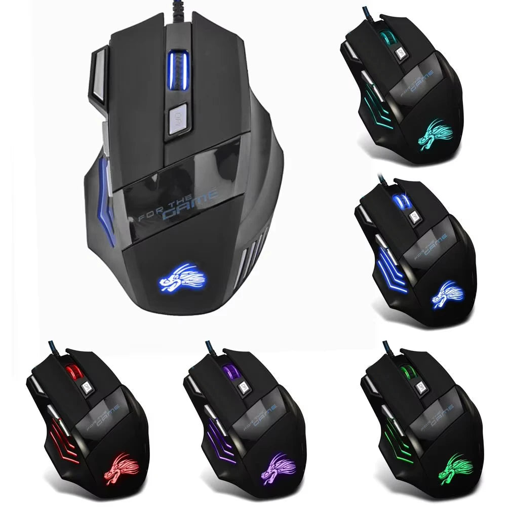 Ratón óptico con cable para juegos, periférico ergonómico retroiluminado con 7 botones, 5500 DPI, ajustable, para PC, ordenador de escritorio