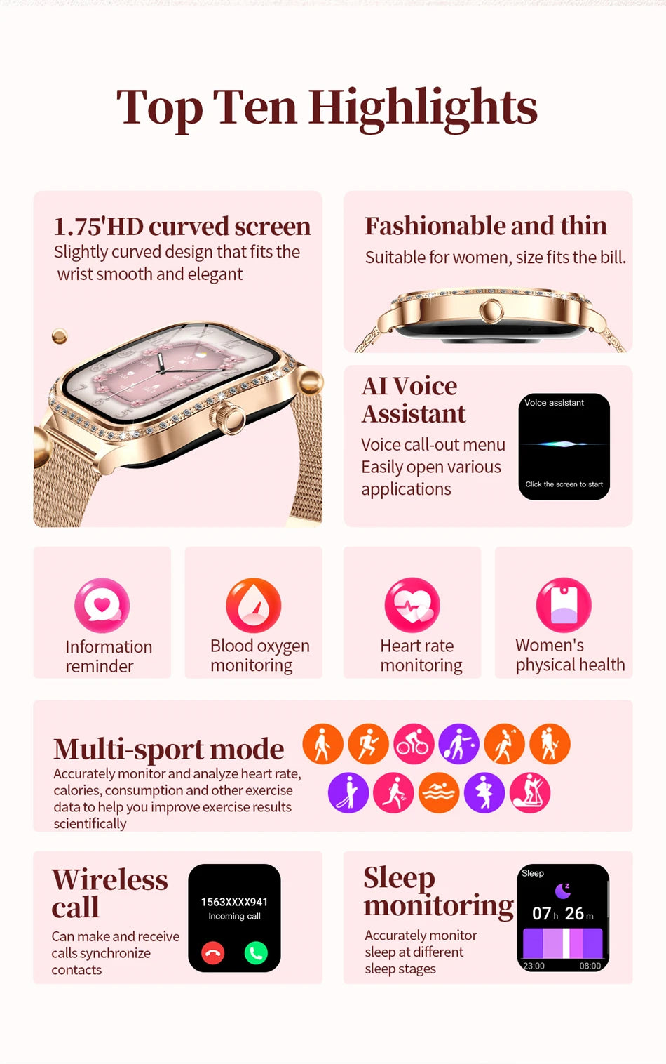 Smartwatch para mujer con pantalla curva HD 1.75 pulgadas y llamadas Bluetooth