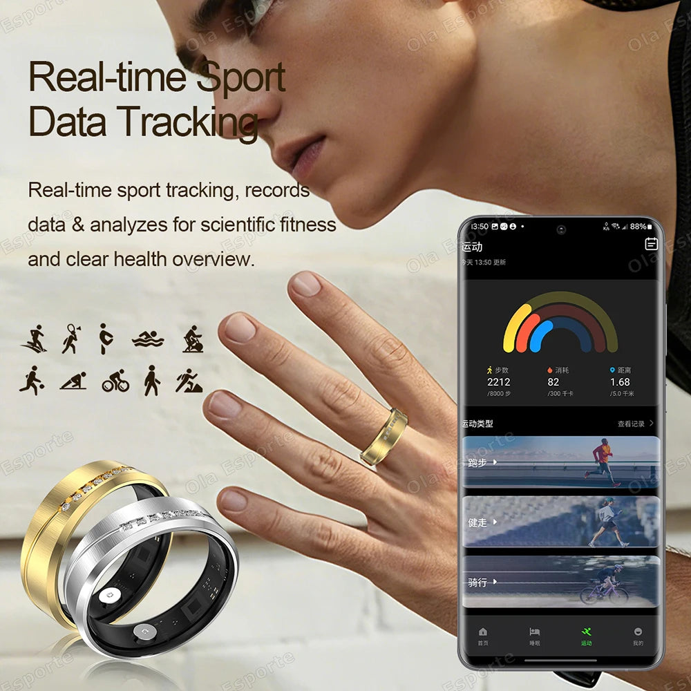 Anillo Inteligente de Joyería de Moda con Recordatorio de Llamadas, Alarma por Vibración, Monitor de Frecuencia Cardíaca y Oxígeno en Sangre, Resistente al Agua IP68, Regalo para Hombre