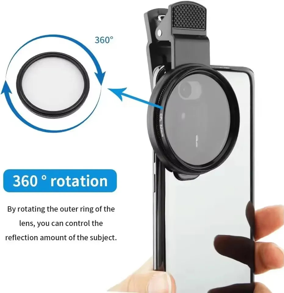 Mini Soporte Clip 52mm con Filtro CPL para Cámara de Teléfono