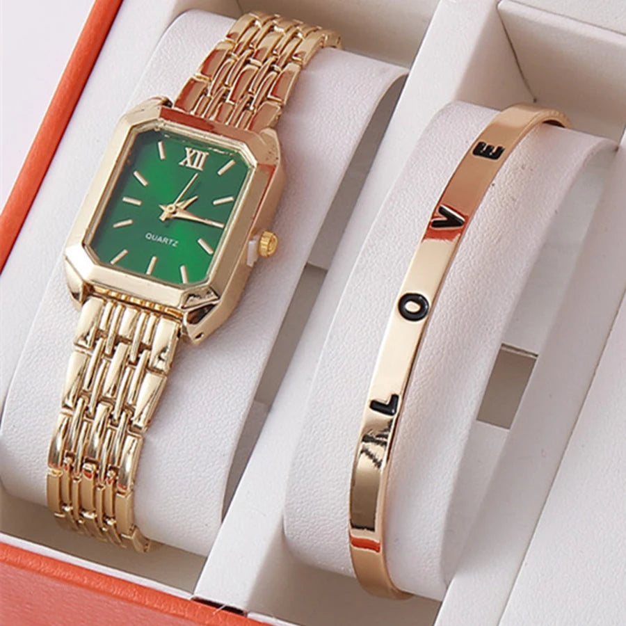 2 unids/set de reloj de cuarzo de lujo para mujer con pulsera de amor, conjunto de banda de aleación, relojes de pulsera de cuarzo para mujer de negocios, reloj femenino dorado