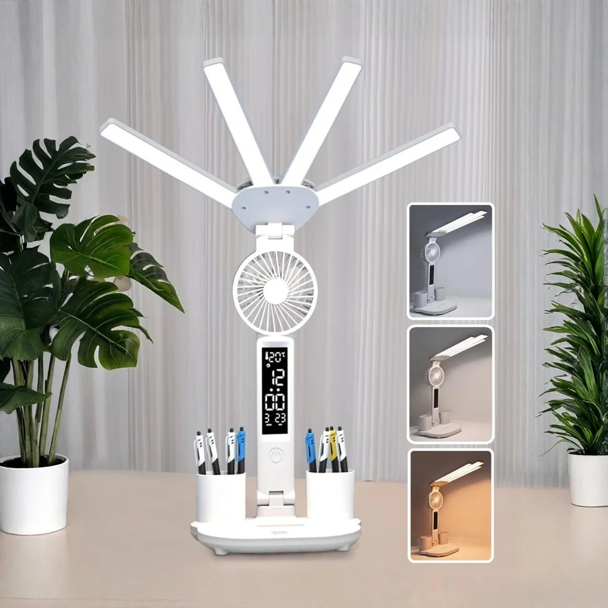 Lámpara de Mesa LED Multifunción con Ventilador Reloj y Carga USB Plegable