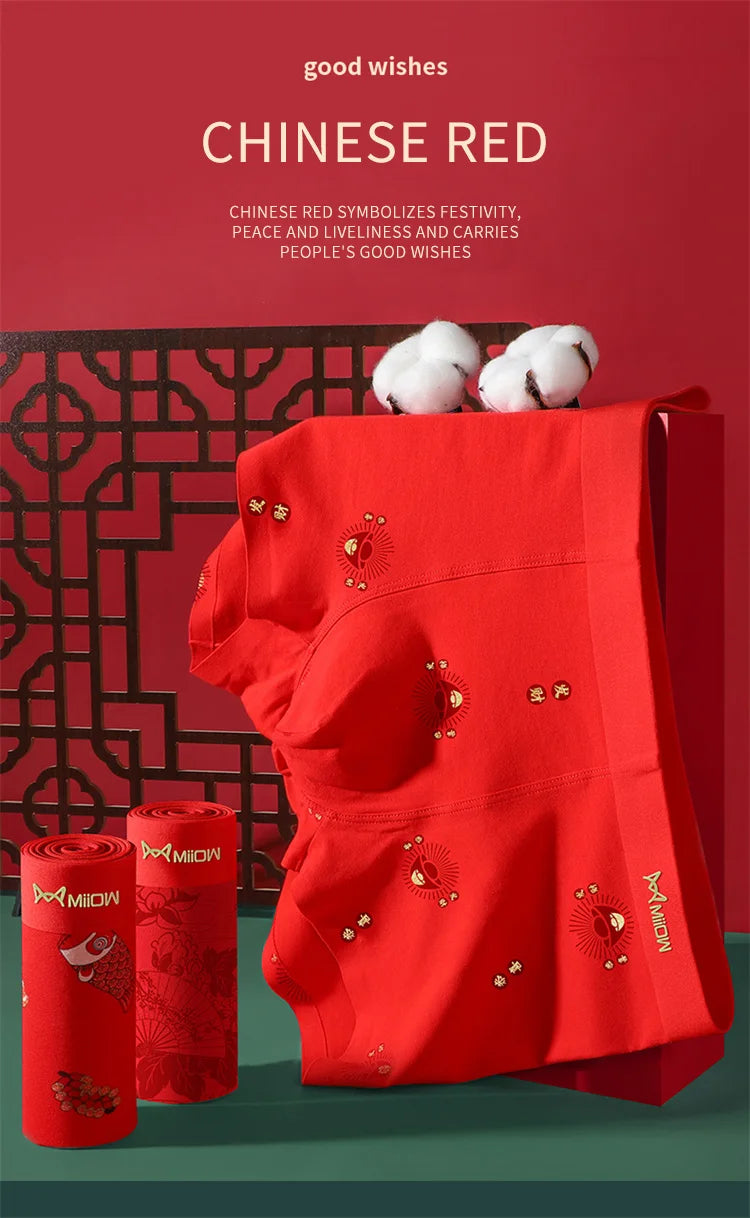 MiiOW-bóxer de algodón suave y transpirable para hombre, ropa interior masculina de 3 piezas, con estampado de la suerte