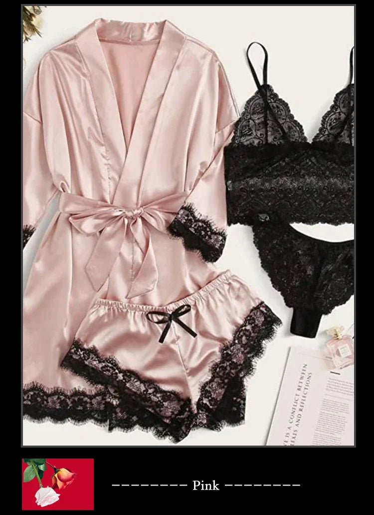 4 piezas ropa de dormir para mujer pijamas Ser con bata lencería de encaje Sexy Albornoz satén de seda ropa de dormir para el hogar bata