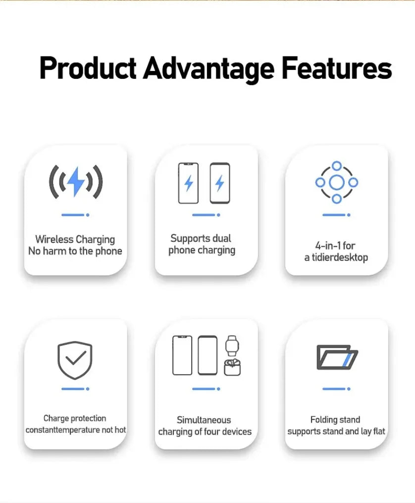 Cargador Inalámbrico 4 en 1 para Dos Teléfonos, Compatible con iPhone 17~12, Samsung S25, Xiaomi, Airpods Pro, Apple Watch 11~2, Carga Rápida Magnética