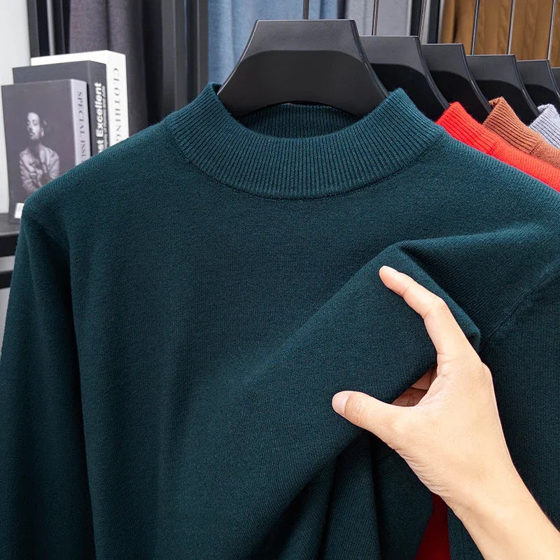 Suéter de punto de medio cuello alto para hombre, jersey de Color sólido con cuello simulado, sudadera informal de Otoño/Invierno, ropa de marca para hombre