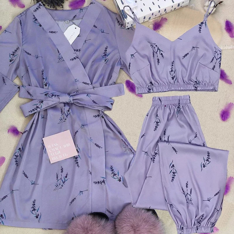 Conjunto de pijamas de seda sintética satinada para mujer, Top con tirantes y pantalones, ropa de dormir con estampado Floral, ropa de dormir de otoño para el hogar, bata de S-XXL