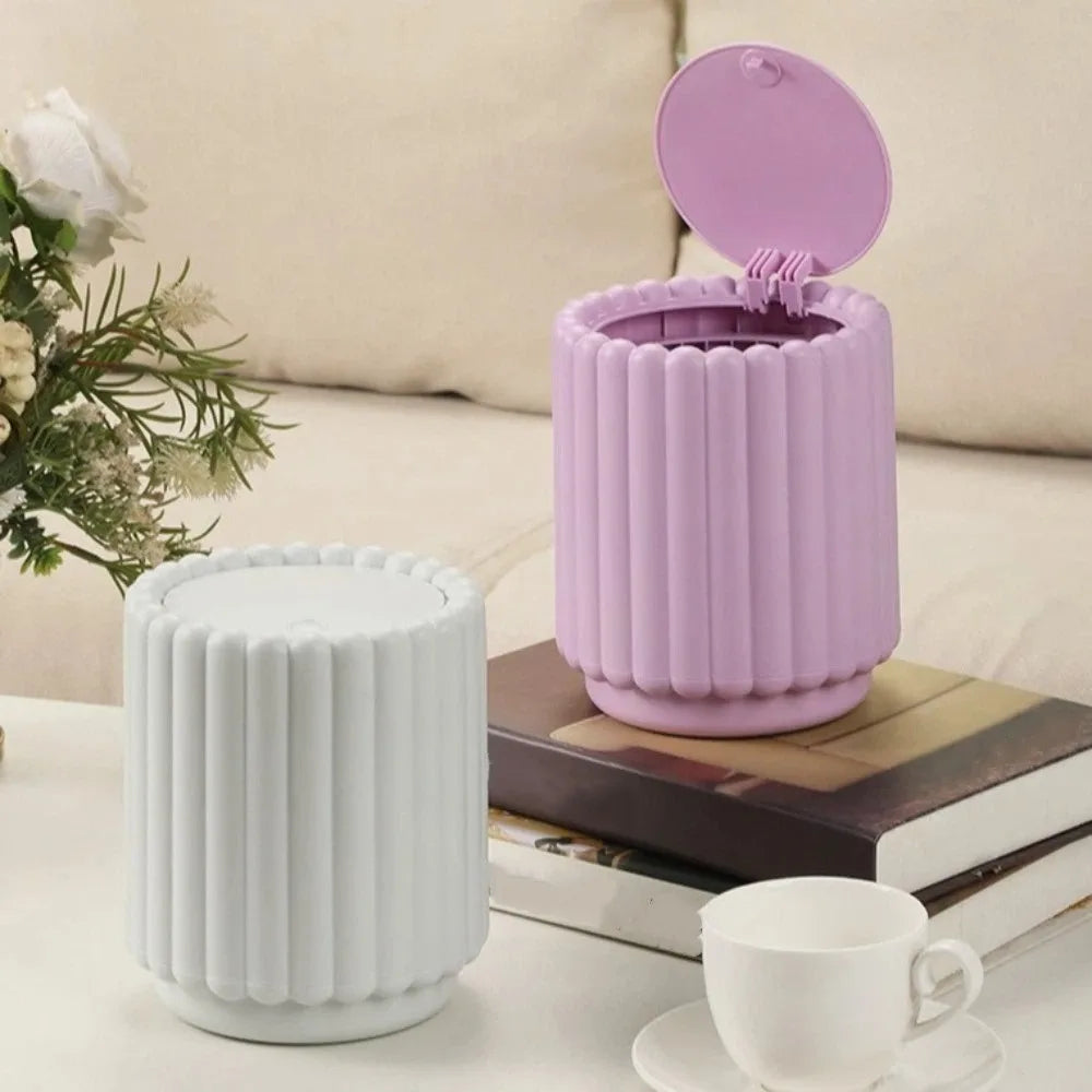 Cubo de basura de escritorio con tapa abierta, cubo de basura con forma de girasol de gran apertura, cubo de almacenamiento de plástico antideslizante para oficina