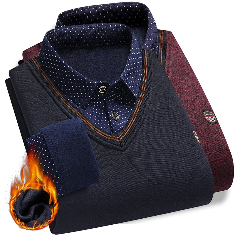 Suéter de felpa para hombre, jersey falso de dos piezas para otoño e invierno, Polo con cuello de lana, Top grueso y cálido, jerséis informales