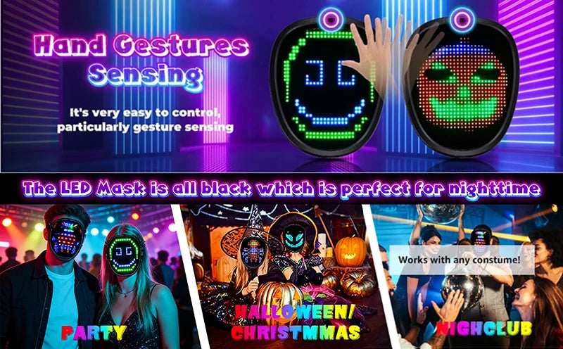 Máscara LED con niños, máscara iluminada con detección de gestos que transforma la cara, máscaras brillantes recargables para fiesta de Navidad de Halloween