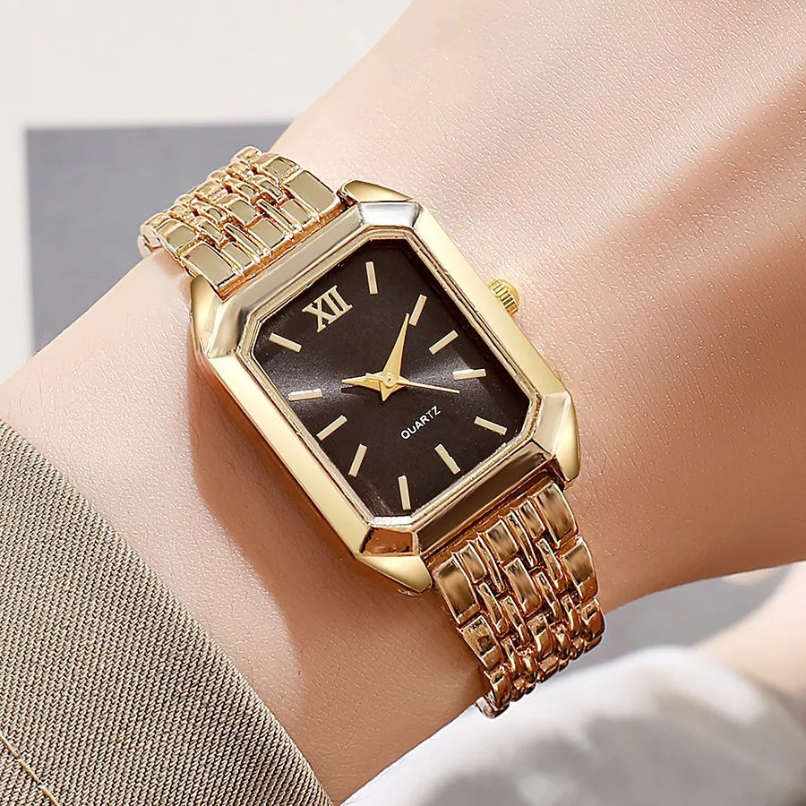 2 unids/set de reloj de cuarzo de lujo para mujer con pulsera de amor, conjunto de banda de aleación, relojes de pulsera de cuarzo para mujer de negocios, reloj femenino dorado