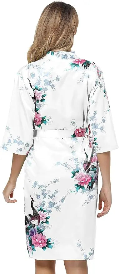 Conjunto de camisón y kimono de satén floral para mujer con camisola, ropa de dormir de 2 piezas, albornoz de pavo real