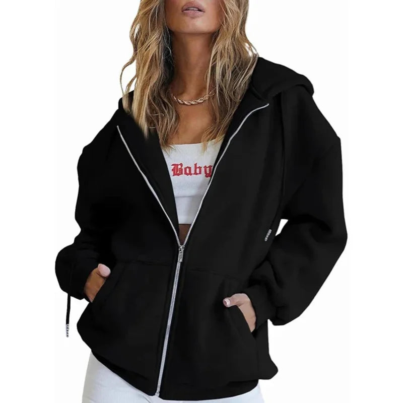Sudadera gris con cremallera para mujer, chaqueta de otoño e invierno, ropa con capucha, sudaderas con bolsillos diarios, sudaderas con capucha lisas y versátiles de manga larga para mujer