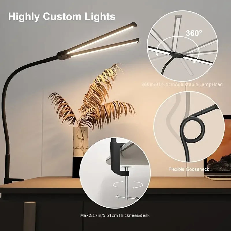 Lámpara de Escritorio LED Doble Cabezal con Clip y USB